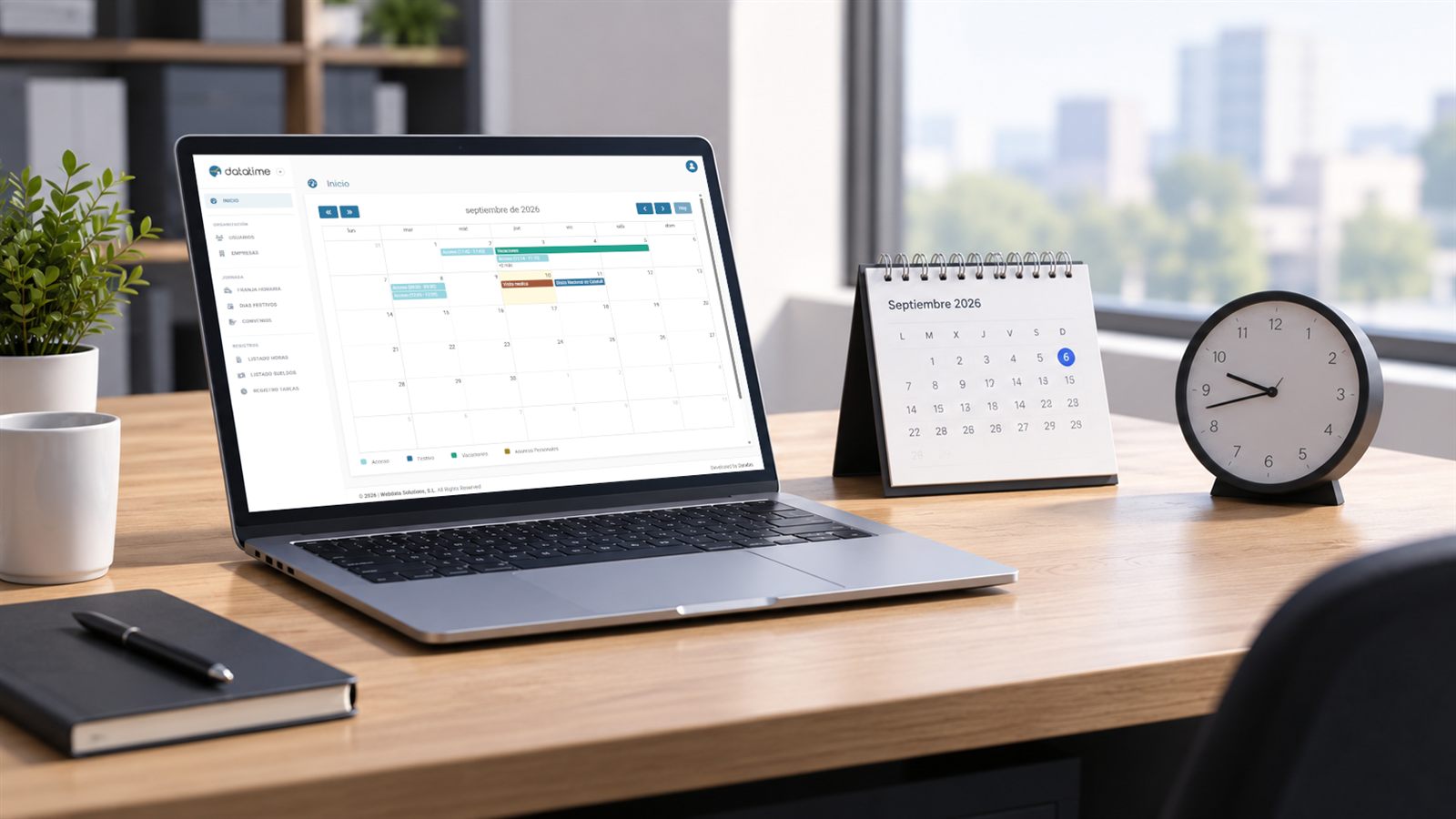 Calendario de DataTime con vacaciones, festivos y fichajes del equipo